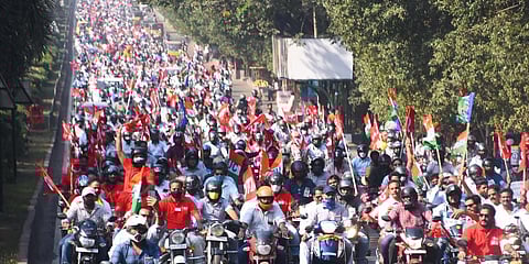 Steel plant employees and workers led by the joint action committee taking out a two wheeler rally to protest against privatisation of VSP. (File Photo | EPS)