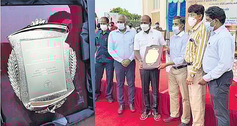 Health Minister Ma Subramanian receives an award from the American Tamil Medical Association for efficiently handling the Covid-19 outbreak, on Thursday