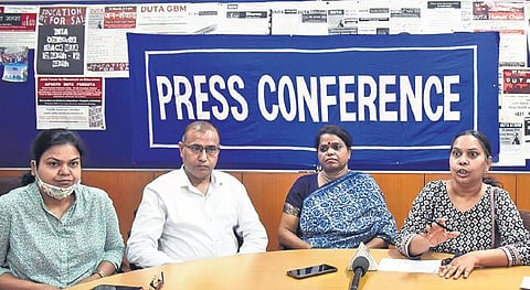 DU teachers address a press conference on Thursday. (Photo| Parveen Negi)
