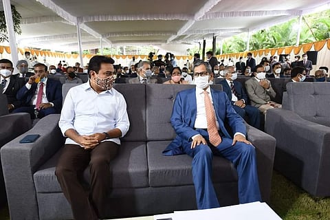 Chief justice of India N V Ramana (right) and Telangana IT Minister KT Rama Rao. (Photo | Express)