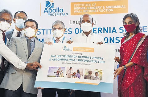 Health Minister Ma Subramanian (2nd from right) and Suneeta Reddy (right), MD, Apollo Hospitals Group, during the launch of Institute of Hernia Surgery and Abdominal Wall Reconstruction, in Chennai on