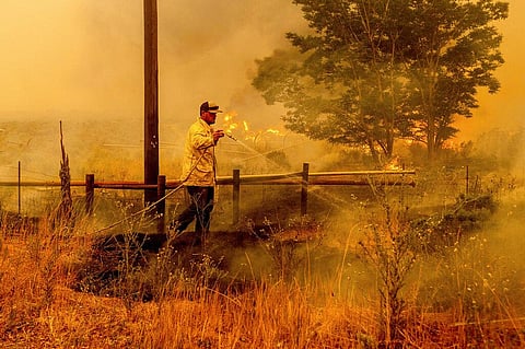 A man douses flames as the Dixie Fire burns south of Janesville in Lassen County, California. 