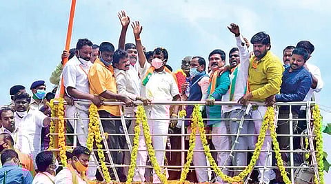 Union Minister of State A Narayanaswamy during the Jan Ashirwad Yatra in Chitradurga on Friday