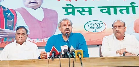 Delhi BJP chief Adesh Gupta and party leaders at a press meet on Friday. (Photo | Express)