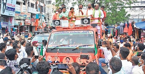 Union Minister for Culture and Tourism G Kishan Reddy addresses supporters during his ‘Jan Ashirwad Yatra’, at Hanamkonda on Friday