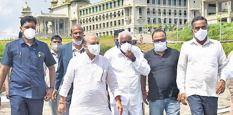 CM Basavaraj Bommai at the Suvarna Vidhana Soudha in Belagavi on Saturday. He held a meeting with officials to review the Covid and flood situation in the district