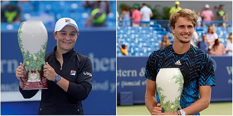 Ashleigh Barty (L) and Alexander Zverev hold their trophies after the final of the Western & Southern Open. (Photo| AP)