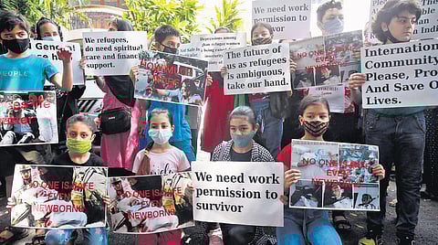 Afghan refugee children living in New Delhi at a demonstration outside the UNHCR on Monday. (Photo | Shekhar Yadav)