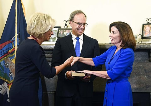 New York Chief Judge Janet DiFiore swears in Kathy Hochul as the first woman to be New York's governor during a swearing-in ceremony (Photo | AP)