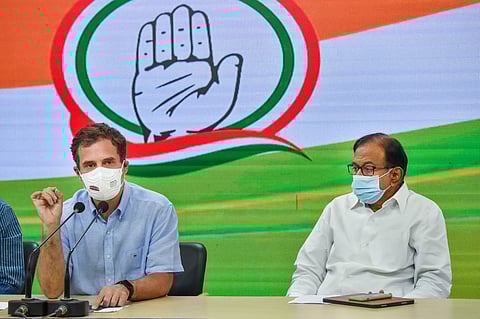 Congress leaders Rahul Gandhi and P. Chidambaram address media at a press conference, in New Delhi. (Photo | PTI)