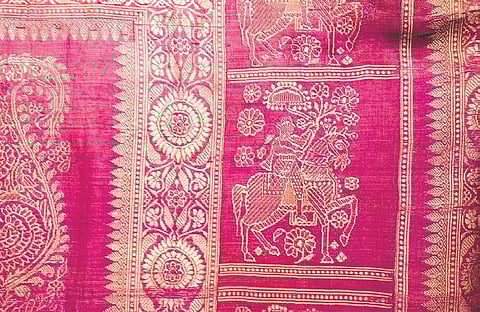 Three Baluchari saris depicting anchals (sari borders) with Kalka motifs,