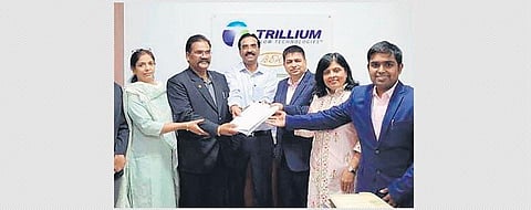 Chairman of IMC Swarnaa Ventures Pvt Ltd Bimal Mehta and Co-Chairman VSV Prasad  announce the acquisition of stake in Trillium Flow Technologies India Pvt Ltd