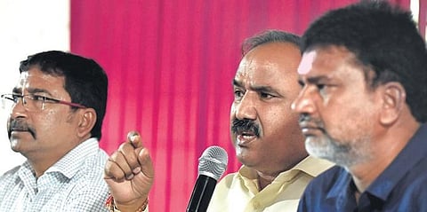 NISA National President Kulbhushan Sharma  speaks during a press conference at Somajiguda in Hyderabad on Tuesday | S Senbagapandiyan