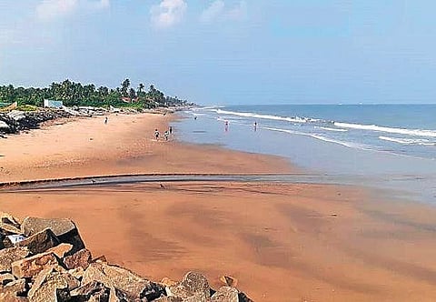 The sea which went back about 100 metres at Uppada village in East Godavari  district on Tuesday. (Photo | Express)