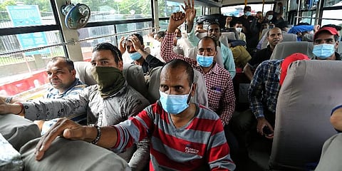 24 Indians and 11 Nepalese seen in a bus after arriving at Hindon Air Force Station from Kabul (Photo | ANI)