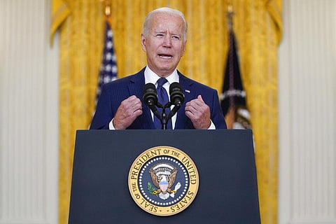 President Joe Biden speaks about the bombings at the Kabul airport that killed at least 12 U.S. service members, from the East Room of the White House | AP