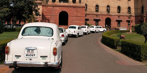 Official Hindustan Ambassador cars parked outside North Block in New Delhi. (Photo| Wikimedia Commons)