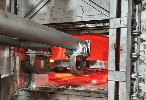The first train wheel in six months being readied at the Rotary Hearth Normalising Furnace at the Rail Wheel Factory in Yelahanka. (Photo | EPS)