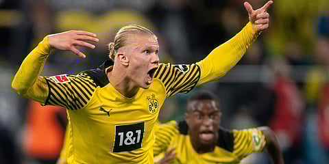 Dortmund's Erling Haaland celebrates after scoring during the German Bundesliga match against 1899 Hoffenheim at Signal Iduna Park. (Photo| AP)