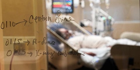 Medical notations are written on a window of a COVID-19 patient's room in an intensive care unit at the Willis-Knighton Medical Center in Shreveport, La. Louisiana hospitals. (Photo | AP)