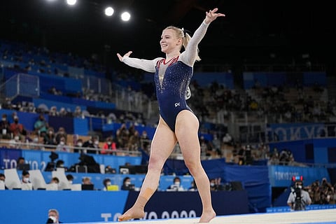 Jade Carey, of United States, performs on the floor exercise during the artistic gymnastics women's apparatus final at the 2020 Summer Olympics. (Photo | AP)