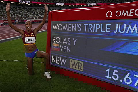 Yulimar Rojas, of Venezuela, celebrates after winning the final of the women's triple jump at the 2020 Summer Olympics. (Photo | AP)