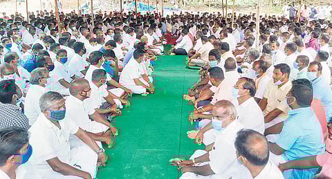 Representatives from villages in support of purse seine fishing nets from across Tamil Nadu, meeting at Nambiar Nagar on Sunday. (Photo | Express)