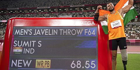 India's Sumit Antil sets a World Record of 68.55 meters and wins the gold medal during the Men's Javelin Throw F44 in the Athletics during the Tokyo 2020 Paralympic Games in Tokyo. (Photo | AP)