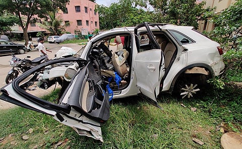 Visuals from the spot showed that the car's front was left completely mangled and one of the wheels had been tossed in the air. (Photo | Ashishkrisna HP, EPS)