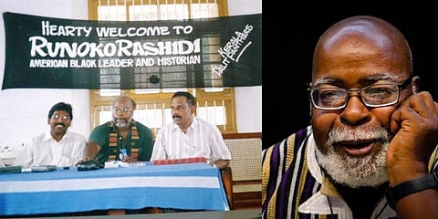 Afro-American historian and scholar Runoko Rashidi (centre) address media in Thiruvananthapuram in 1997. (Photo | Express)