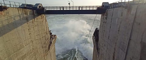 Water being discharged fromin Pulichintala Irrigation Project on Krishna river