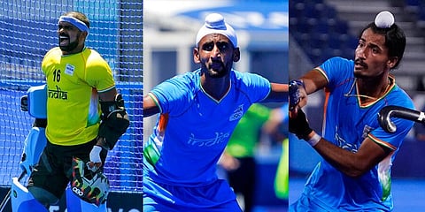 India goalkeeper Sreejesh Parattu Raveendran, team captain Mandeep Singh and Dilpreet Singh. (Photo | AP)