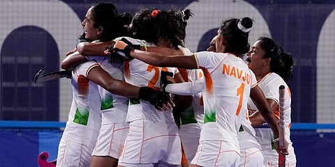 Indian team celebrates after scoring a goal during a women's field hockey semi-final match against Argentina at the 2020 Summer Olympics in Tokyo, Japan. (Photo | AP)