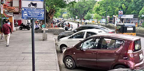 The space reserved for parking by the Greater Chennai Corporation, beside the footpath at Pondy Bazaar on Thursday | P Jawahar