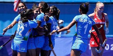 India players celebrate a goal by Vandana Katariya against Britain during the women's field hockey bronze medal match at the 2020 Summer Olympics in Tokyo, Japan. (Photo | AP)