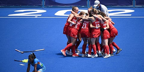 Players of Britain celebrate during the women's bronze medal match of the Tokyo Olympics against India, at the Oi Hockey Stadium in Tokyo. (Photo| AFP)
