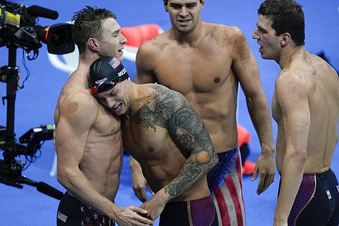 Members of the U.S. men's 4x100-meter medley relay team, Caeleb Dressel, Zach Apple, Ryan Murphy and Michael Andrew. (Photo | AP)