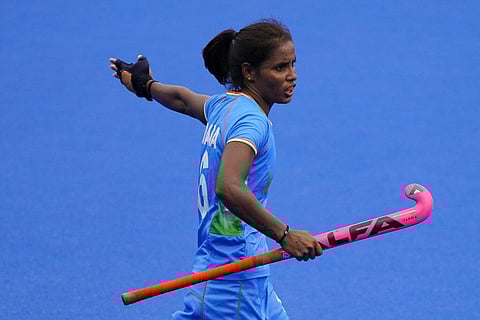 India's Vandana Katariya argues with an official on a play call during a women's field hockey match against Australia at the 2020 Summer Olympics, Monday, Aug. 2, 2021. (Photo | AP)