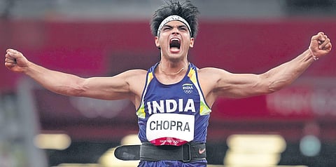 Neeraj Chopra after the throw that gave him an early lead in the men’s javelin final in Tokyo on Saturday, August 7, 2021. He sealed gold with an effort of 87.58 metres. (Photo| PTI)