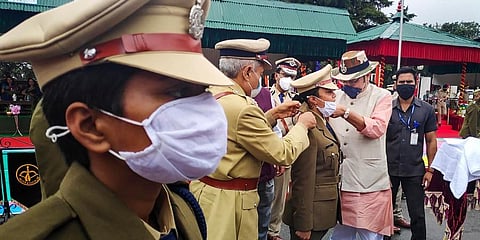 Uttarakhand Chief Minister Pushkar Singh Dhami during the Rank ceremony at ITBP Academy in Mussoorie, Sunday. (Photo | PTI)
