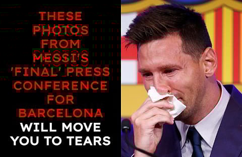 Argentina striker Lionel Messi was in tears on Sunday as he attended his final press conference as a Barcelona player to bid farewell to the Spanish club after 21 years. (Photo | AP)