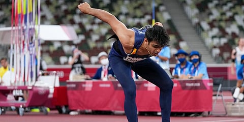 Neeraj Chopra, of India, competes in the men's javelin throw final at the 2020 Summer Olympics, Saturday, Aug. 7, 2021, in Tokyo. (Photo | AP)