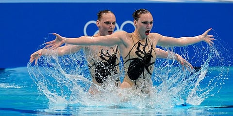 Svetlana Kolesnichenko and Svetlana Romashina of Russian Olympic Committee compete in the duet free routine final at the 2020 Summer Olympics in Tokyo, Japan. (Photo | AP)