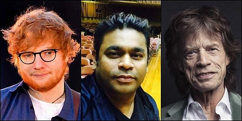 (From L to R) Artists Ed Sheeran, AR Rahman and Mick Jagger (Photos | AP, Facebook)