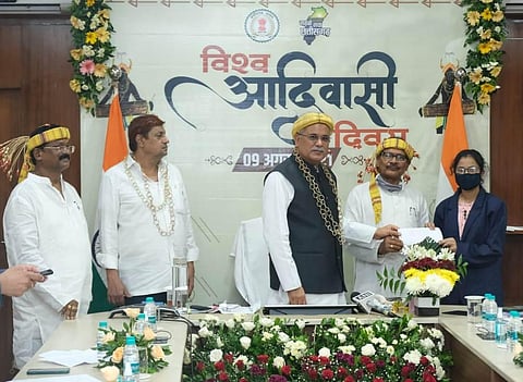 Chhattisgarh CM Bhupesh Baghel at a function organised to mark  International Day of the World's Indigenous People. (Photo | Twitter)