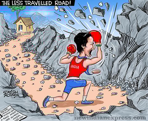 From a childhood in a village with no roads to glory on the Olympic stage in Tokyo, Lovlina Borgohain's journey has been one of the most inspirational India has ever seen. Cartoonist Satish Acharya salutes the doughty boxer and her indefatigible will that