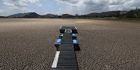 A floating dock sits on the lakebed of the Suesca lagoon, in Suesca, Colombia. (Photo | AP)