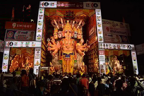 Ganesh Chaturthi, also popularly known as Ganesh Utsav and Vinayaka Chaturthi, is being celebrated across the country on Friday, 10 September 2021.  A 40-foot-tall ‘Shri Panchamuha Rudra Maha Ganapathi’ idol installed at Hyderabad's Khairatabad. (Photo | 