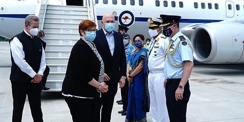 Australian ministers Marise Payne and Peter Dutton land in New Delhi for for the inaugural 2+2 Ministerial Dialogue. (Photo| Twitter)