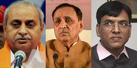 (L-R) Gujarat Deputy CM Nitin Patel, Vijay Rupani and Union Health Minister Mansukh Mandaviya (Photos | PTI)